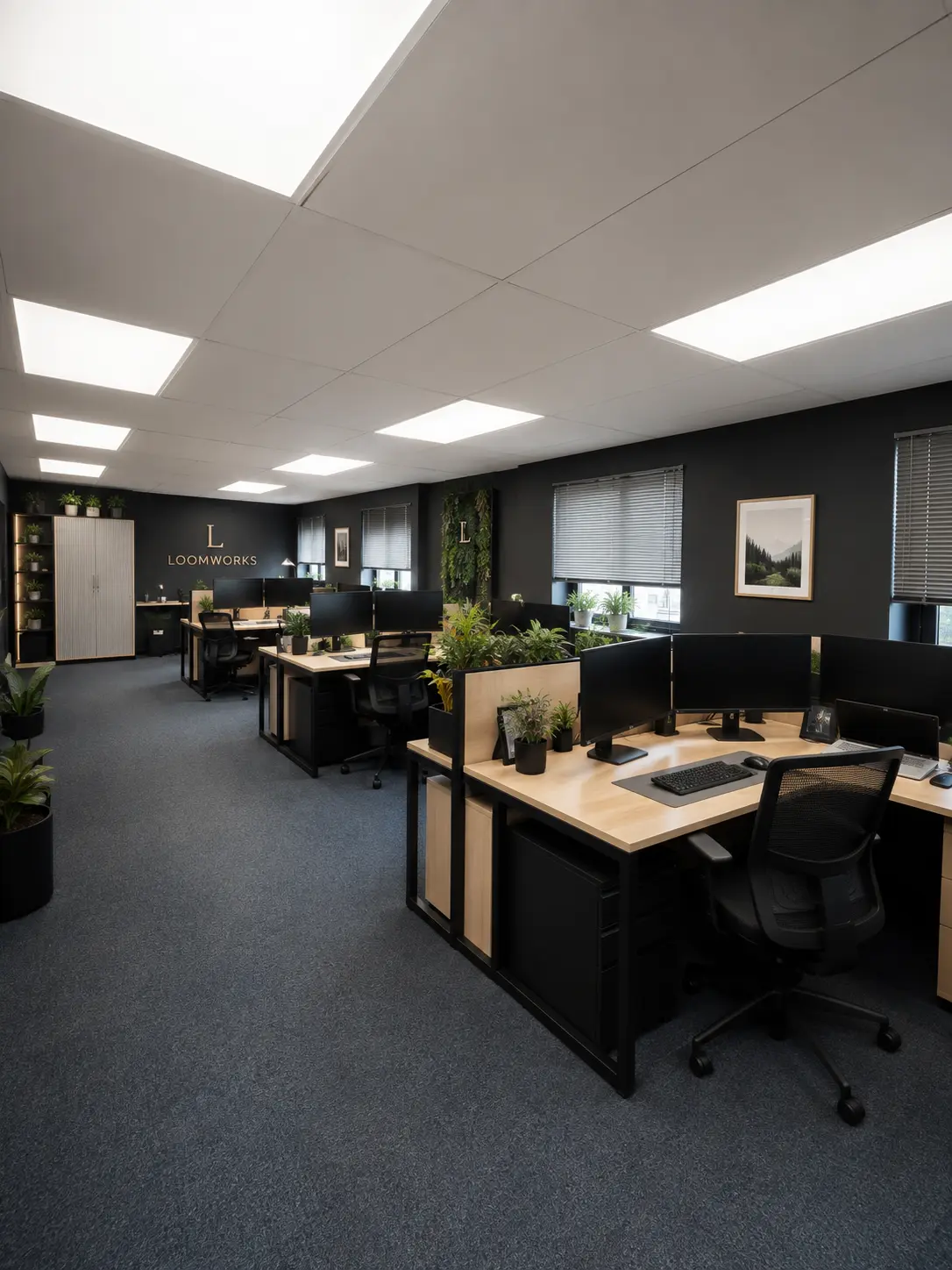 The Loomworks shared office with rows of desks, monitors and indoor plants